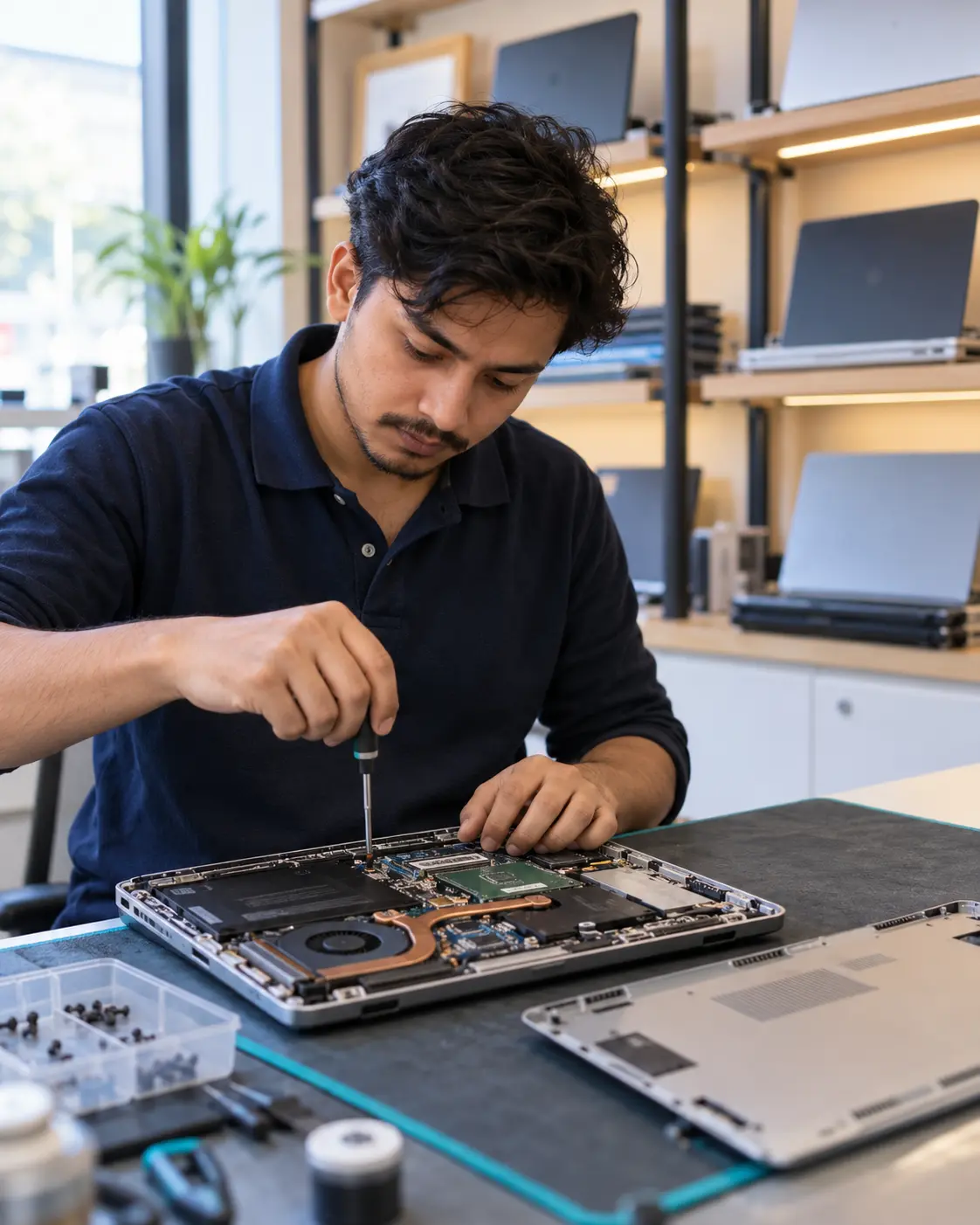 YugTech technician repairing a laptop at the service counter in Kathmandu