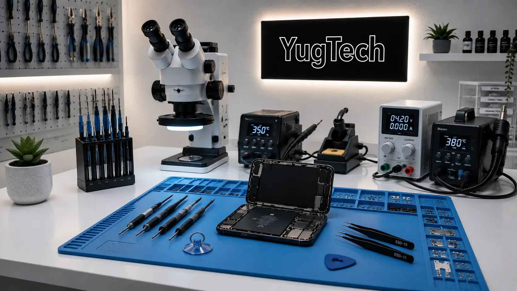 Professional technician repairing a smartphone at a repair workstation