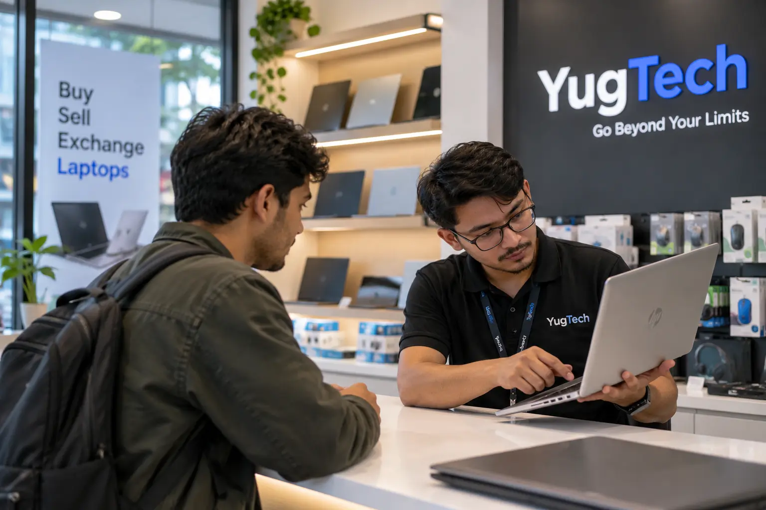 YugTech staff inspecting a used laptop's condition before making an offer in Kathmandu